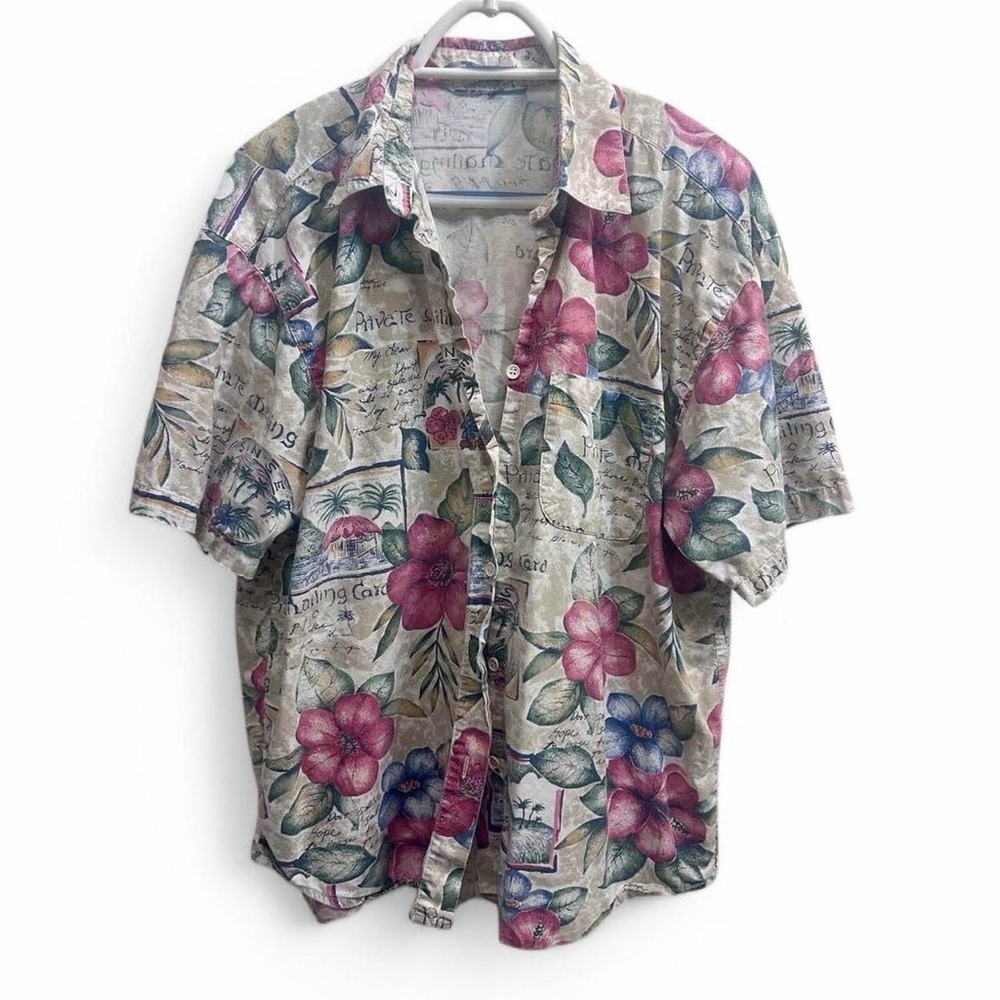 80s vintage tropical postcard print button-up